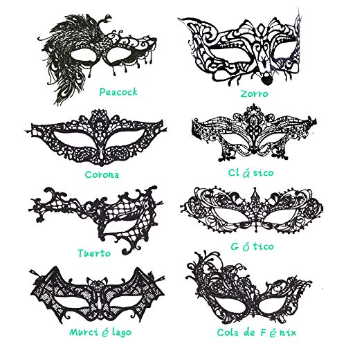 KAKOO 8 Packs Lace Masquerade Mask Sexy Eyemask Women Mysterious Eye Mask for Halloween Carnival Make Up Costume Ball Ladies Party Favors Black Venetian Masks for Adults