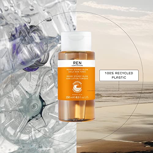 REN Clean Skincare Glow Tonic - Daily Facial Brightening - Exfoliate, Hydrate & Even Skin Tone with Resurfacing AHAs & BHAs - Cruelty Free & Vegan Pore Reducing Toner, 250ml