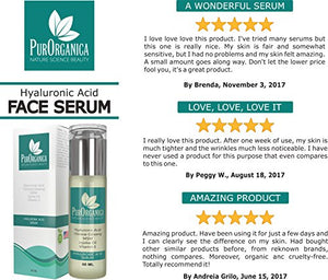 PurOrganica Hyaluronic Acid Face Serum - Huge 60 ML Bottle - The Best Anti Ageing & Anti Wrinkle Serum - This Premium Organic Serum Will Plump, Hydrate & Brighten Skin While Filling In Those Fine Lines & Wrinkles - It Works or Your Money Back Guarantee