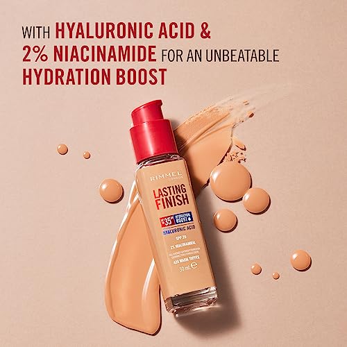 Rimmel Lasting Finish 35Hr Foundation 200 Soft Beige, Full Coverage, Hydrating, SPF20, Hyaluronic Acid, Vitamin E, 2% Niacinamide, All Day Wear, Vegan, Cruelty Free