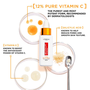 L'Oréal Paris Revitalift Clinical 12% Pure Vitamin C Brightening Serum for Face, Powerful Antioxidant Protection, Brighter & Smoother Skin, includes Hyaluronic Acid, Salicylic Acid, Vitamin C