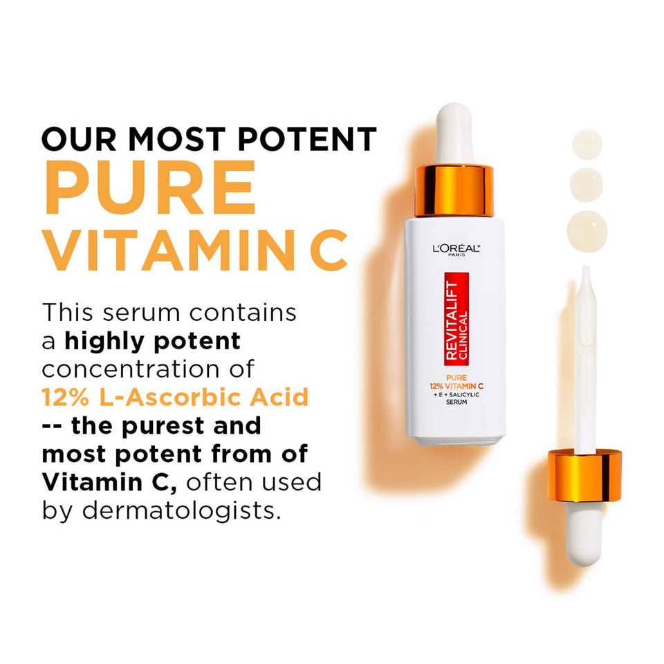L'Oréal Paris Revitalift Clinical 12% Pure Vitamin C Brightening Serum for Face, Powerful Antioxidant Protection, Brighter & Smoother Skin, includes Hyaluronic Acid, Salicylic Acid, Vitamin C