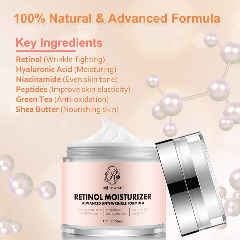 ROSVANEE Retinol Moisturizer Dermatologist Tested Anti Aging Cream for Face, Neck and Eye with 2.5% Retinol, Hyaluronic Acid and Vitamins E & B5, Anti Wrinkle Deep Hydration Cream for Men & Women