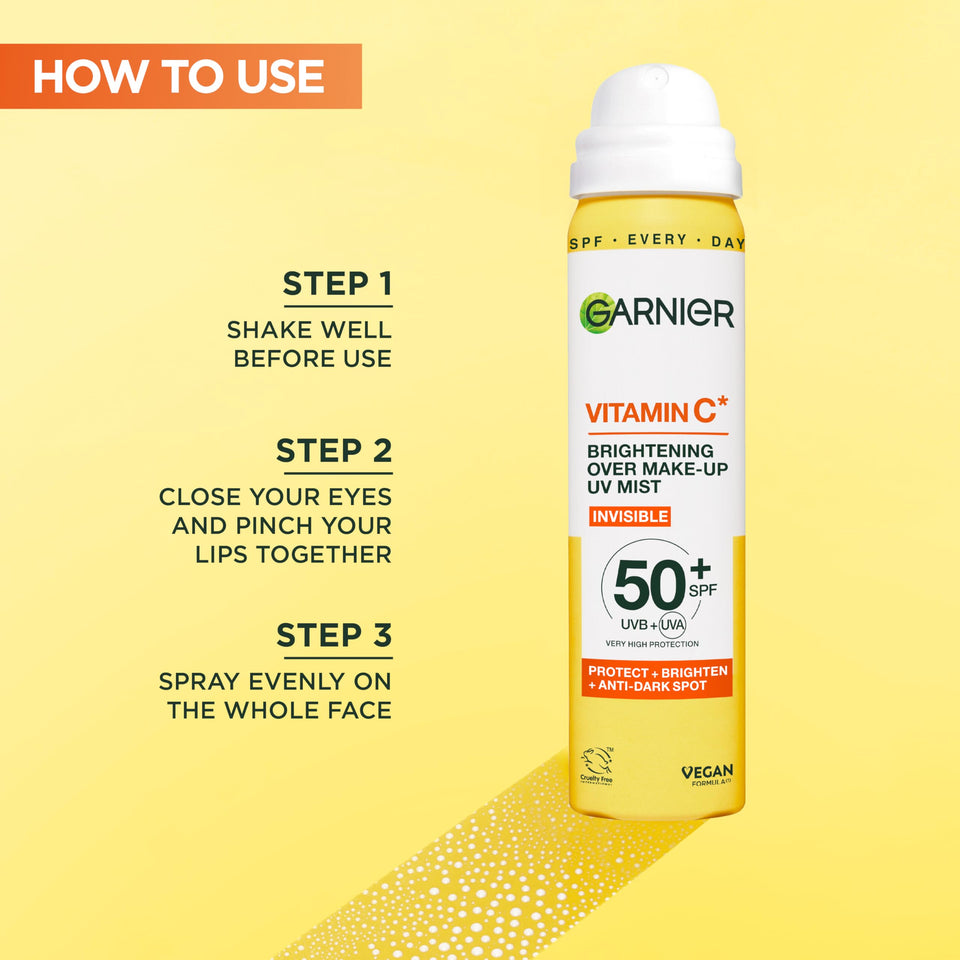 Garnier Vitamin C Brightening Over Make-Up UV Mist Invisible with SPF50+ and Vitamin C. Approved Cruelty free, Vegan
