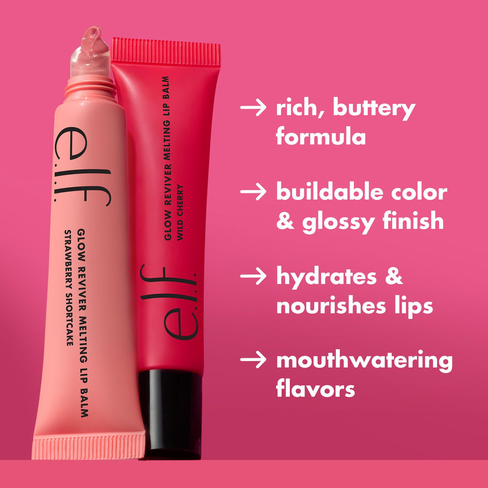 e.l.f. Glow Reviver Melting Lip Balm, Tinted Formula, With Shea Butter & Hyaluronic Acid, Vegan & Cruelty-Free, Strawberry Shortcake