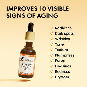 Eclat Skincare Glow Up Vitamin C Serum - Vitamin C Serum for Face with Hyaluronic Acid, Ferulic Acid & Vit E - Skin Brightening Face Care - Anti Aging, Hydrating & Dark Spot Lightening 30ml