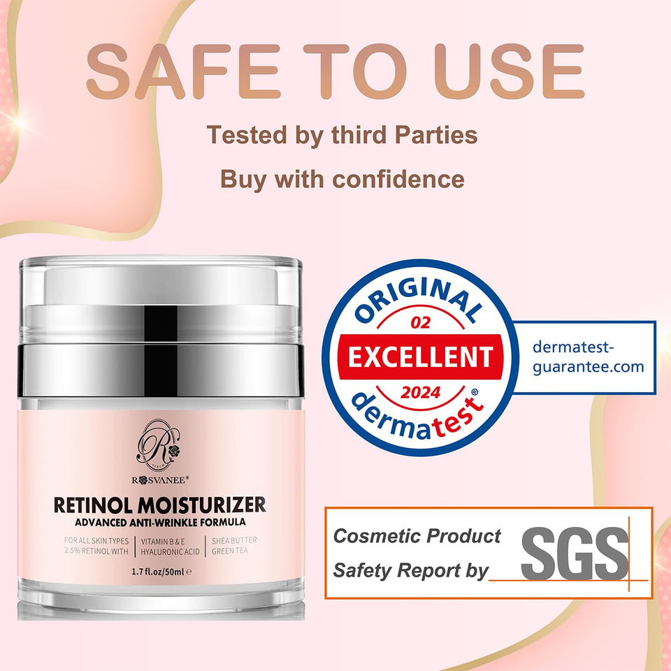 ROSVANEE Retinol Moisturizer Dermatologist Tested Anti Aging Cream for Face, Neck and Eye with 2.5% Retinol, Hyaluronic Acid and Vitamins E & B5, Anti Wrinkle Deep Hydration Cream for Men & Women