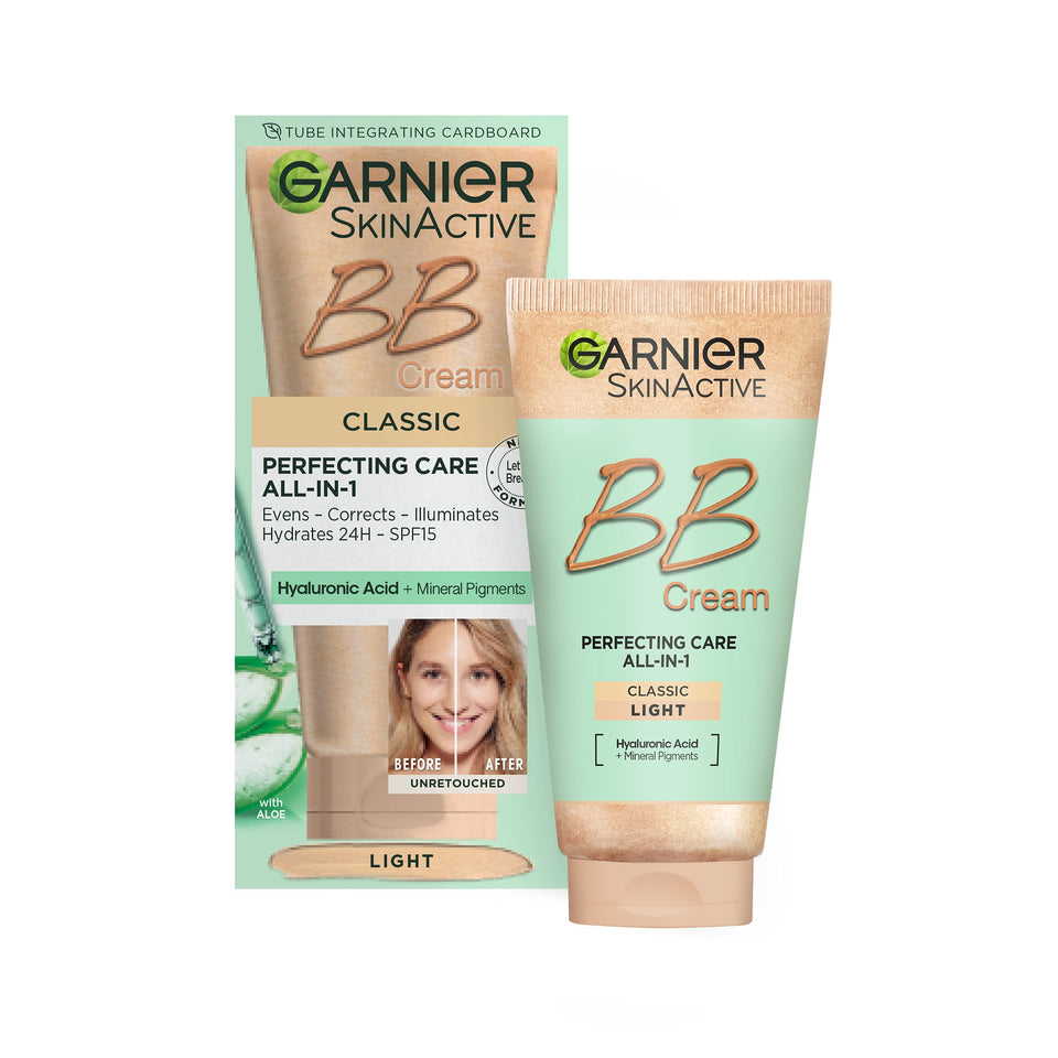 Garnier SkinActive Classic Perfecting All-in-1 BB Cream, Shade Classic Light, Tinted Moisturiser SPF 15, Brightens and Evens Skin, With Hyaluronic Acid Aloe & Mineral Pigments