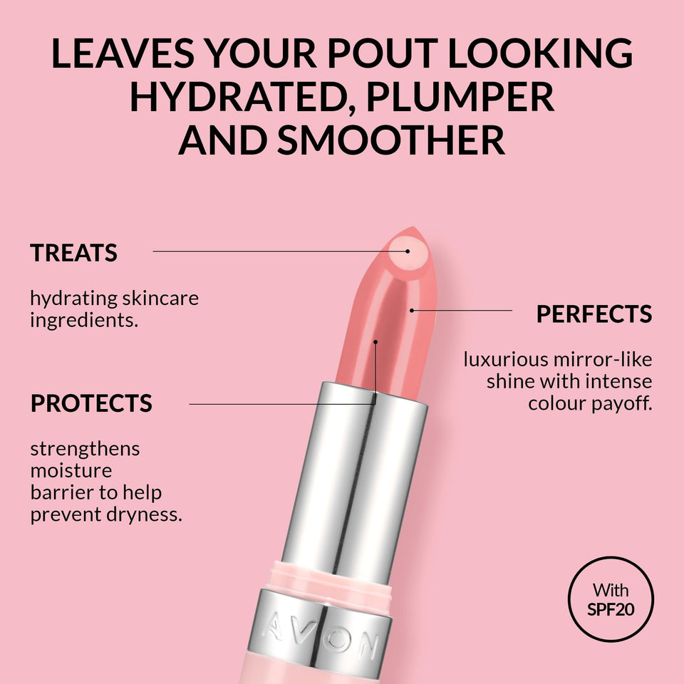 Avon Hydramatic Shine Lipstick 3.6g Hydrating Intense Colour SPF 20 Plumper and Smoother Looking Lips Cruelty Free Hydra Shine Rose Quartz