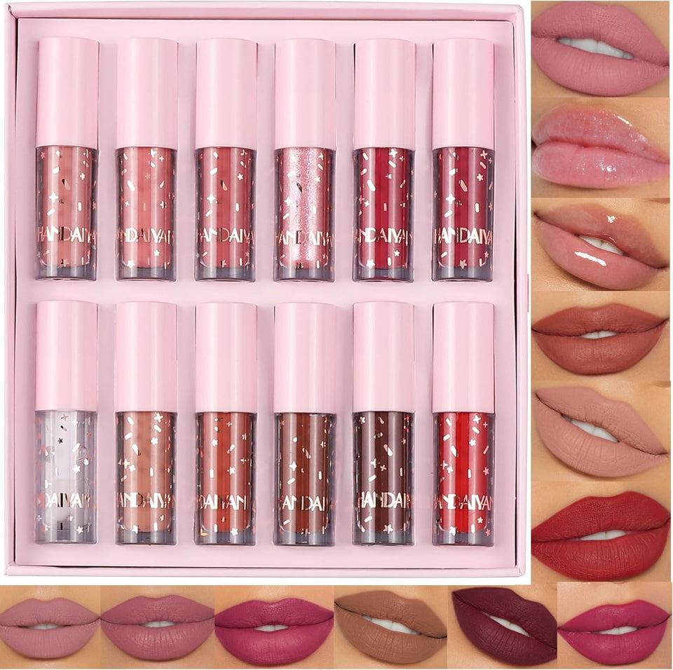 12 Colors Nude Liquid Lipstick Makeup Set Velvet Matte Long-Lasting Waterproof Non-Stick Cup Not Fade Pink Lip Gloss Red Lipstick Makeup Set Gift Kit For Women (Set A)