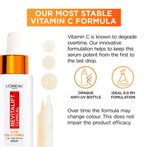L'Oréal Paris Revitalift Clinical 12% Pure Vitamin C Brightening Serum for Face, Powerful Antioxidant Protection, Brighter & Smoother Skin, includes Hyaluronic Acid, Salicylic Acid, Vitamin C