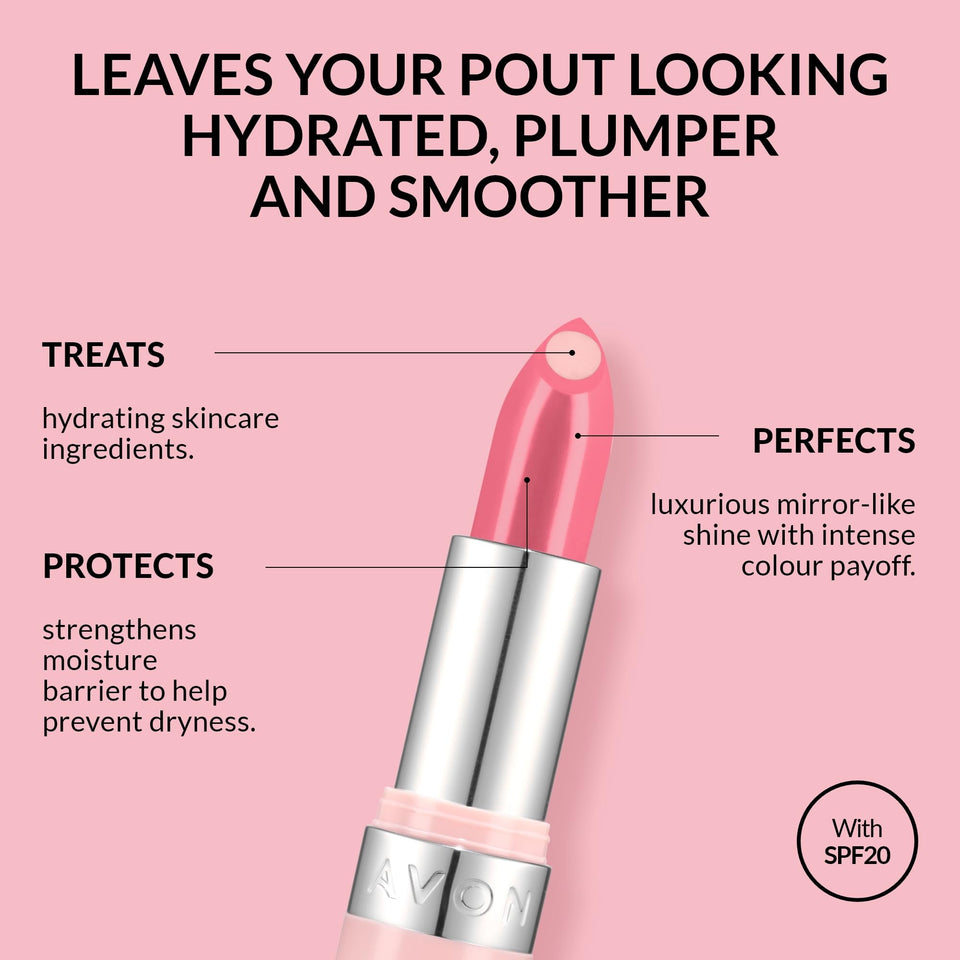 Avon Hydramatic Shine Lipstick 3.6g Hydrating Intense Colour SPF 20 Plumper and Smoother Looking Lips Cruelty Free Hydra Shine Rose Quartz