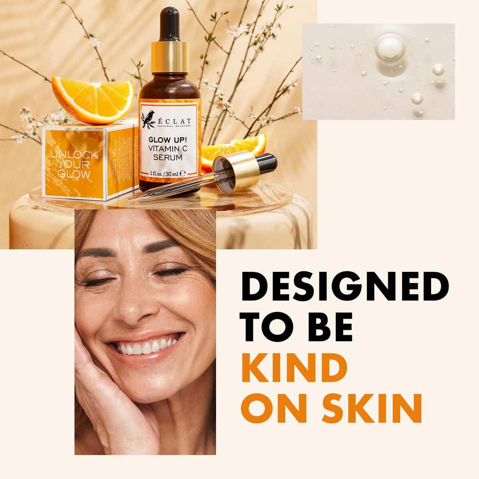 Eclat Skincare Glow Up Vitamin C Serum - Vitamin C Serum for Face with Hyaluronic Acid, Ferulic Acid & Vit E - Skin Brightening Face Care - Anti Aging, Hydrating & Dark Spot Lightening 30ml