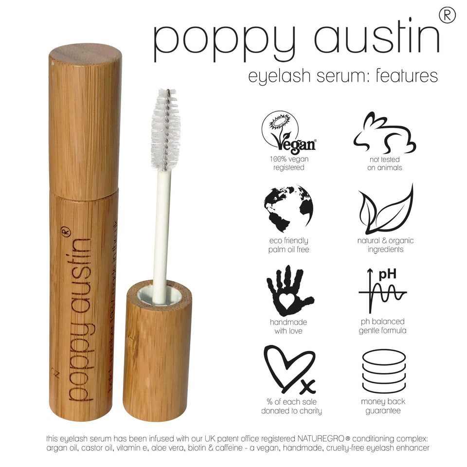 Poppy Austin 9g Eye Lash Serum - Premium Eyelash Growth Serum with Argan Oil, Castor Oil, Caffeine, Vitamin E, Aloe Vera - Vegan, Cruelty-Free Eyelash Serum, Growth Enhancer for Lashes, Brows