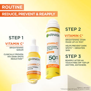 Garnier Vitamin C Brightening Over Make-Up UV Mist Invisible with SPF50+ and Vitamin C. Approved Cruelty free, Vegan