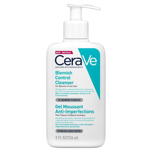 CeraVe Blemish Control Face Cleanser in a white pump bottle, with teal and blue-green label graphics and 236 ml capacity.