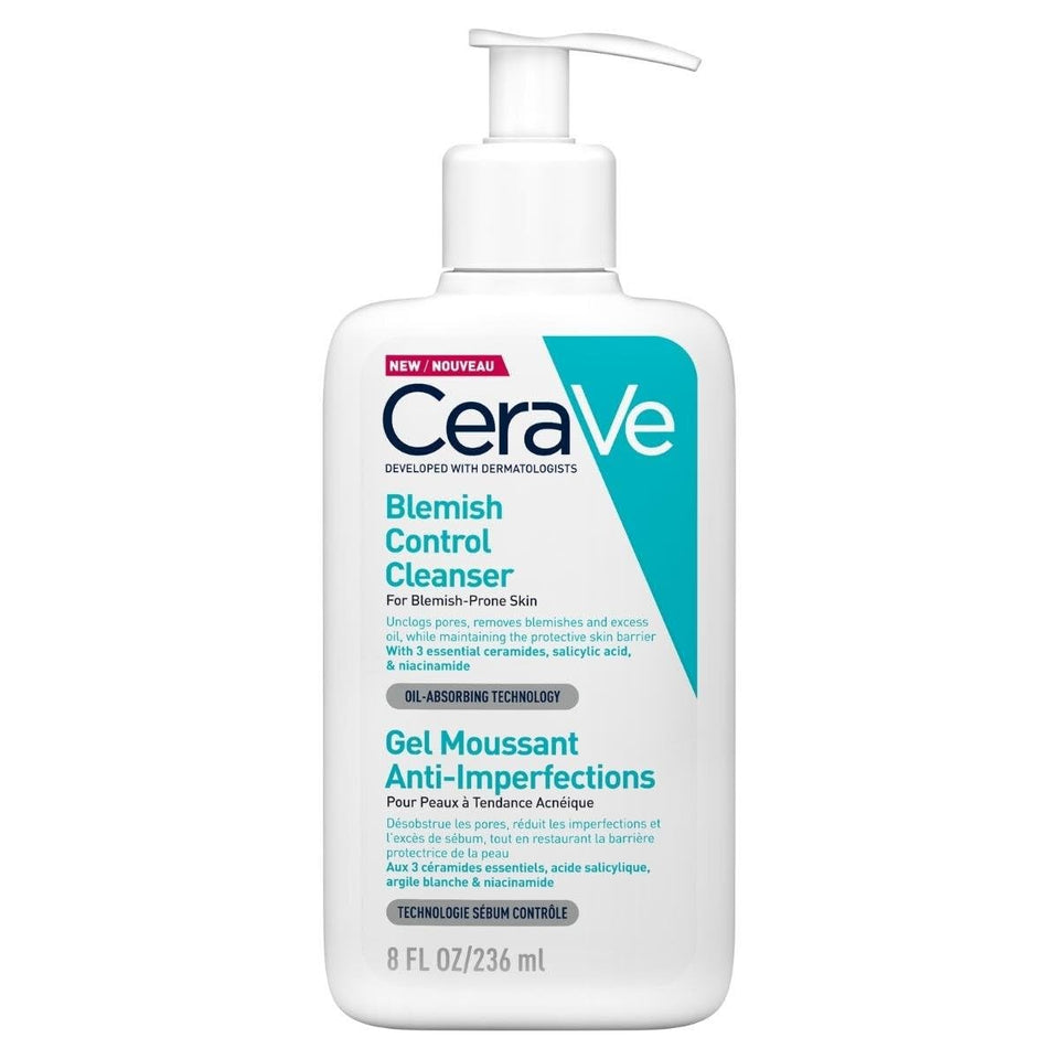 CeraVe Blemish Control Face Cleanser in a white pump bottle, with teal and blue-green label graphics and 236 ml capacity.
