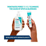 CeraVe Blemish Control Face Cleanser in white pump bottle beside a turquoise and white squeeze tube with teal labels
