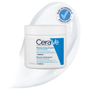 CeraVe Moisturising Cream in a white 454 g tub with blue label, shown with a swirl of white cream and dermatologist-recommended seal