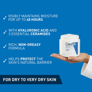 CeraVe Moisturising Cream dermatologist-recommended badge with dark blue lettering and a glowing blue medical cross