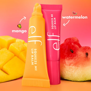 e.l.f. Squeeze Me More lip balm tube carton with a yellow-orange label, black multilingual text and QR code