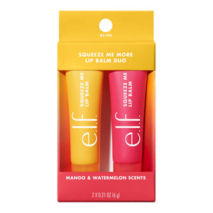 e.l.f. Squeeze Me More lip balm duo with yellow and pink squeeze tubes in a yellow-to-red mango and watermelon package
