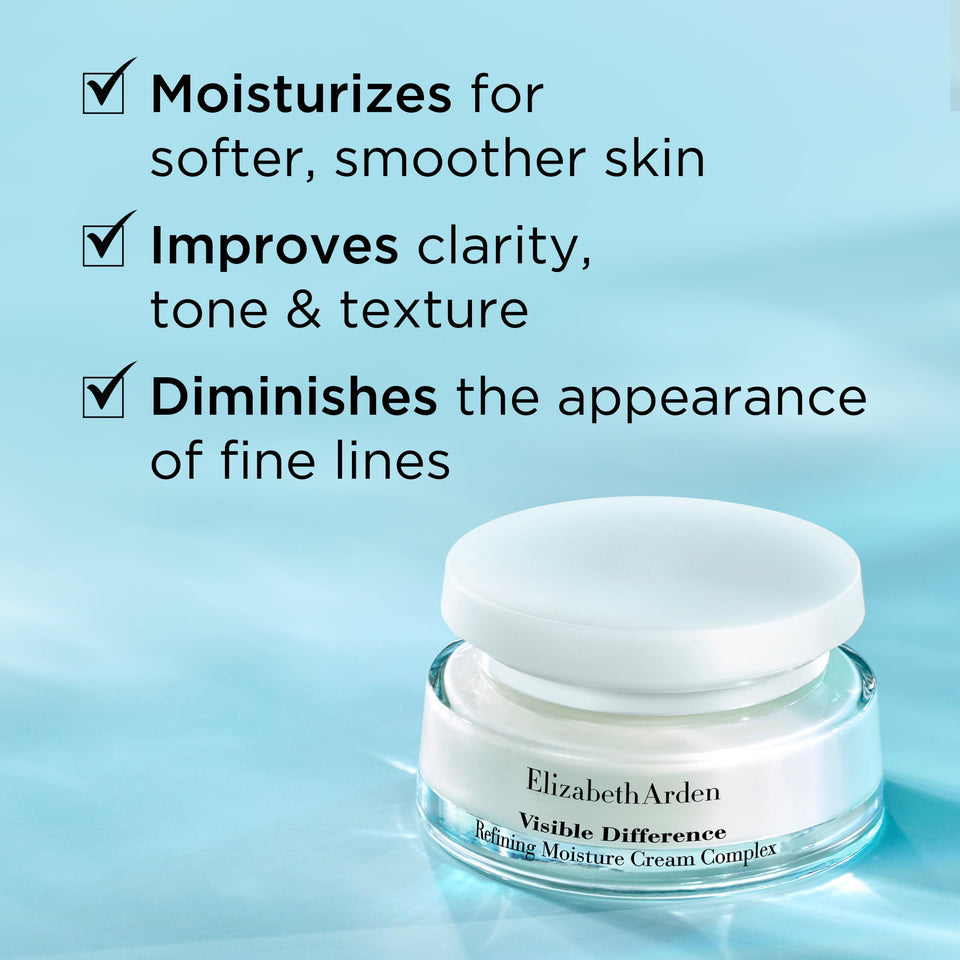 Elizabeth Arden Visible Difference face cream in a clear glass jar with a white lid and Refining Moisture Cream Complex label