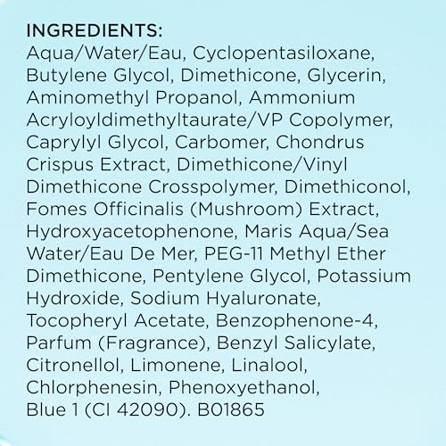 Elizabeth Arden Visible Difference ingredient label showing a black list of cream ingredients and blue colour additive on a pale aqua panel