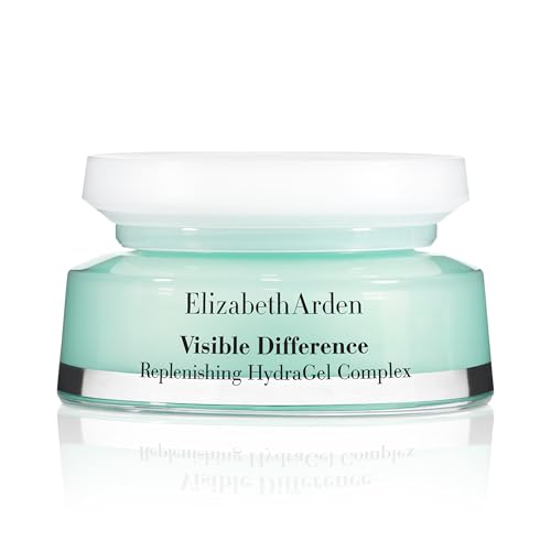 Elizabeth Arden Visible Difference hydra gel moisturizer in a pale mint-green glass jar with a white lid and silver trim