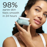 Elizabeth Arden Visible Difference face cream in a pale green jar with a white lid, held beside a woman's face