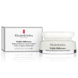 Elizabeth Arden Visible Difference face cream in a white jar with a silver band, beside its white carton with black lettering.