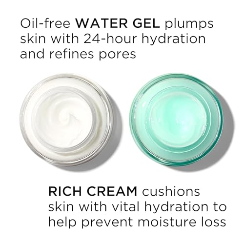 Elizabeth Arden Visible Difference face cream shown as white rich cream beside a turquoise water gel in open jars