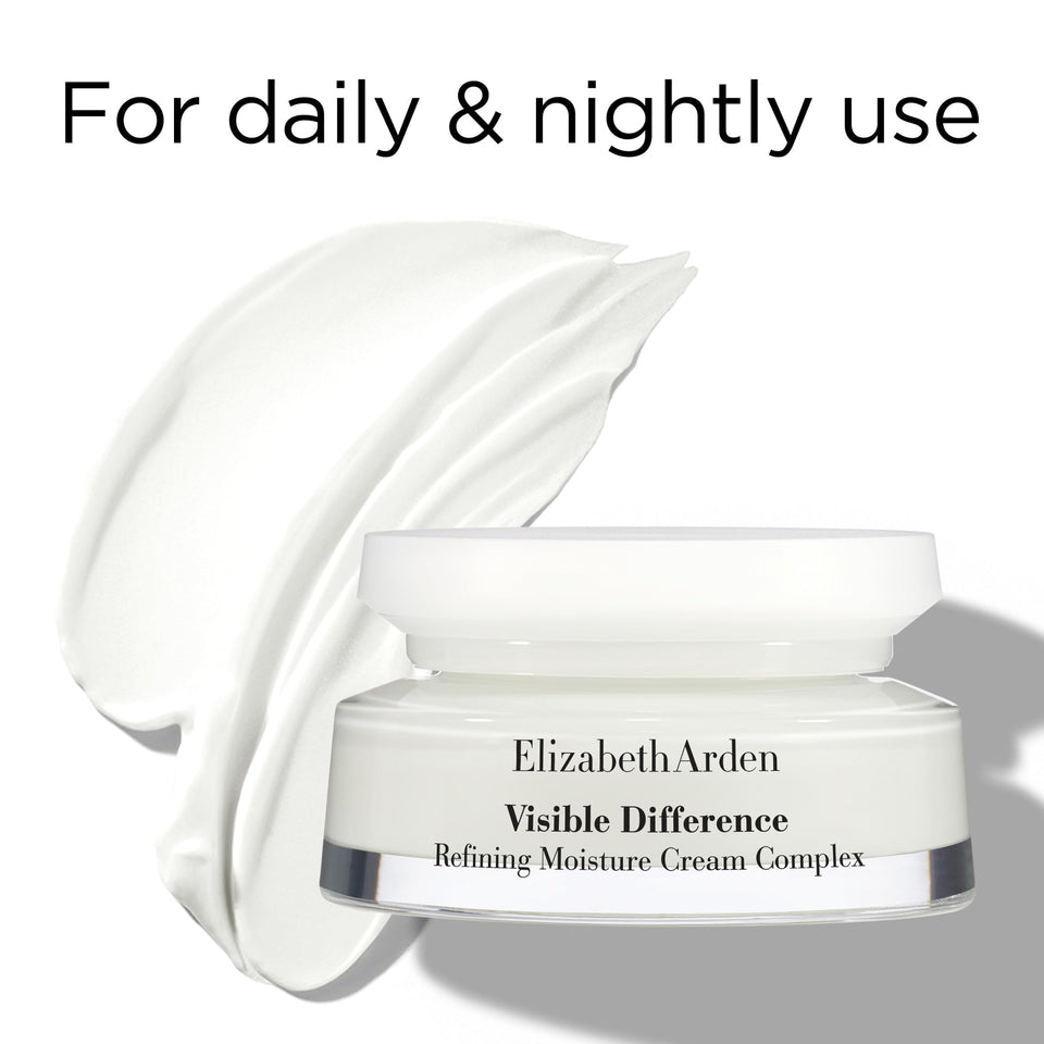 Elizabeth Arden Visible Difference face cream in a white jar with a silver band, shown beside a sweep of white cream