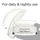 Elizabeth Arden Visible Difference face cream in a white jar with a silver band, shown beside a sweep of white cream