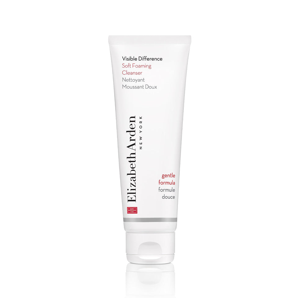 Elizabeth Arden Visible Difference foaming cleanser in a white tube with a flip-top cap and red gentle formula text