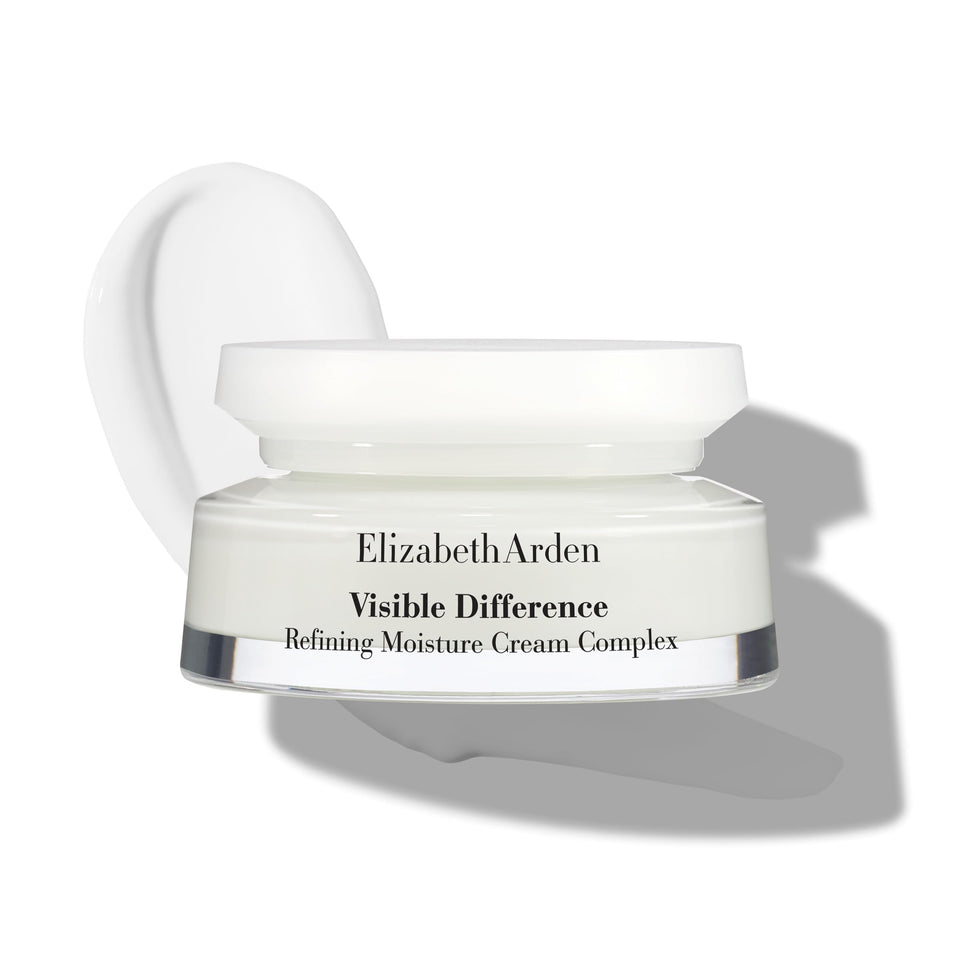 Elizabeth Arden Visible Difference Refining Moisture Cream Complex in a white jar with a silver-toned base and white lid