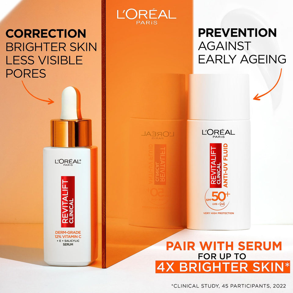 L'Oréal Paris Revitalift Clinical serum and SPF 50+ fluid in orange and white bottles, with matching orange packaging