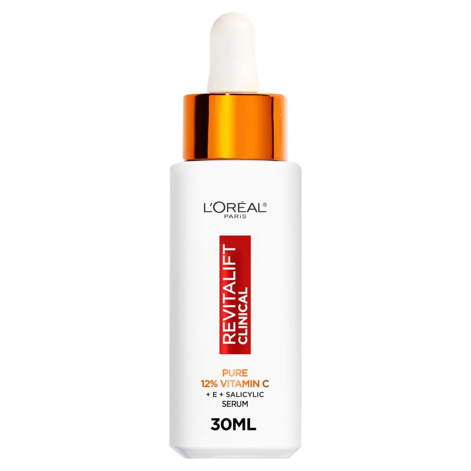 L'Oréal Paris Revitalift Clinical Vitamin C serum in a white bottle with an orange dropper cap and red label