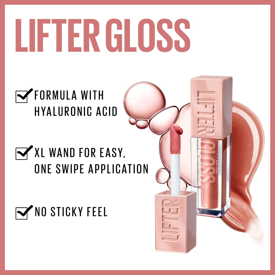 Maybelline Lifter Gloss in a clear tube with a pink cap and wand, shown with a glossy nude-pink swatch
