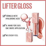 Maybelline Lifter Gloss in a clear tube with a pink cap and wand, shown with a glossy nude-pink swatch