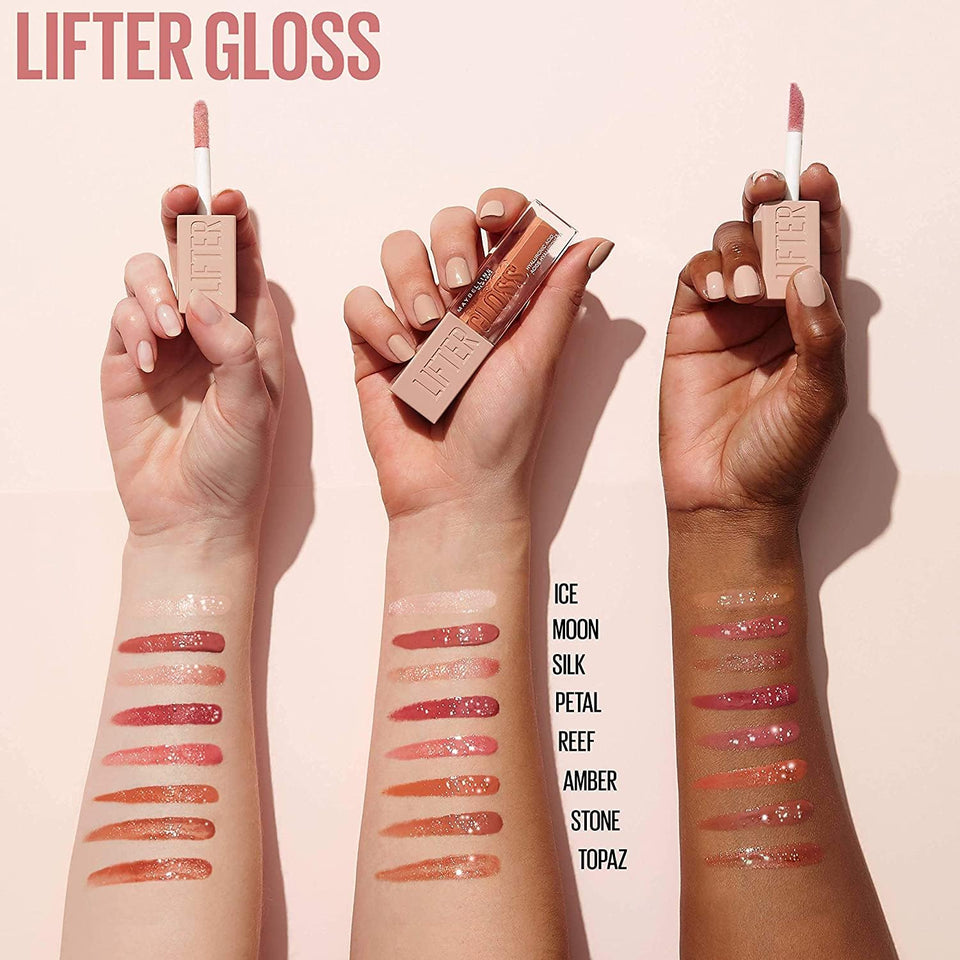 Maybelline Lifter Gloss tubes with nude-toned applicators and glossy lip swatches shown across three skin tones