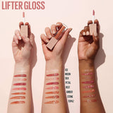 Maybelline Lifter Gloss tubes with nude-toned applicators and glossy lip swatches shown across three skin tones