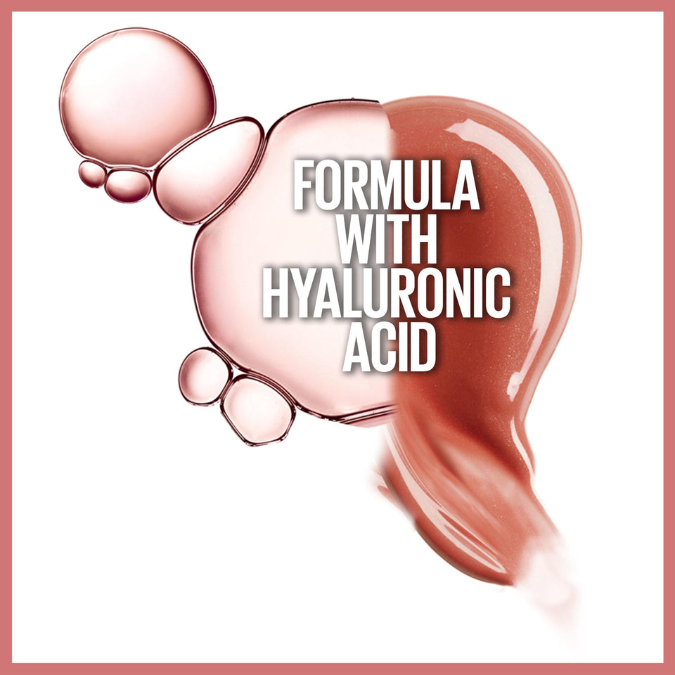 Maybelline Lifter Gloss shown as a glossy nude-pink swatch with bubbles and text highlighting its hyaluronic acid formula