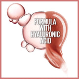 Maybelline Lifter Gloss shown as a glossy nude-pink swatch with bubbles and text highlighting its hyaluronic acid formula