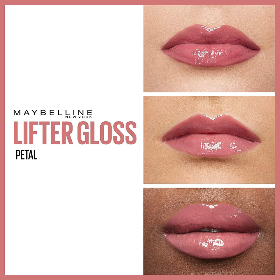 Maybelline Lifter Gloss shown on lips as a glossy pink shade with a smooth, reflective finish