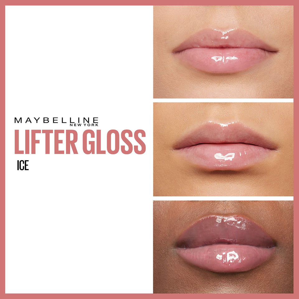 Maybelline Lifter Gloss in Ice has a sheer pink, glossy finish shown on lips across three skin tones.