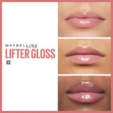 Maybelline Lifter Gloss in Ice has a sheer pink, glossy finish shown on lips across three skin tones.