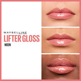 Maybelline Lifter Gloss in Moon shade shows glossy pink lips with a shiny, reflective finish across three skin tones.