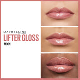 Maybelline Lifter Gloss in Moon, a shiny pink nude lip gloss shown on lips across three skin tones