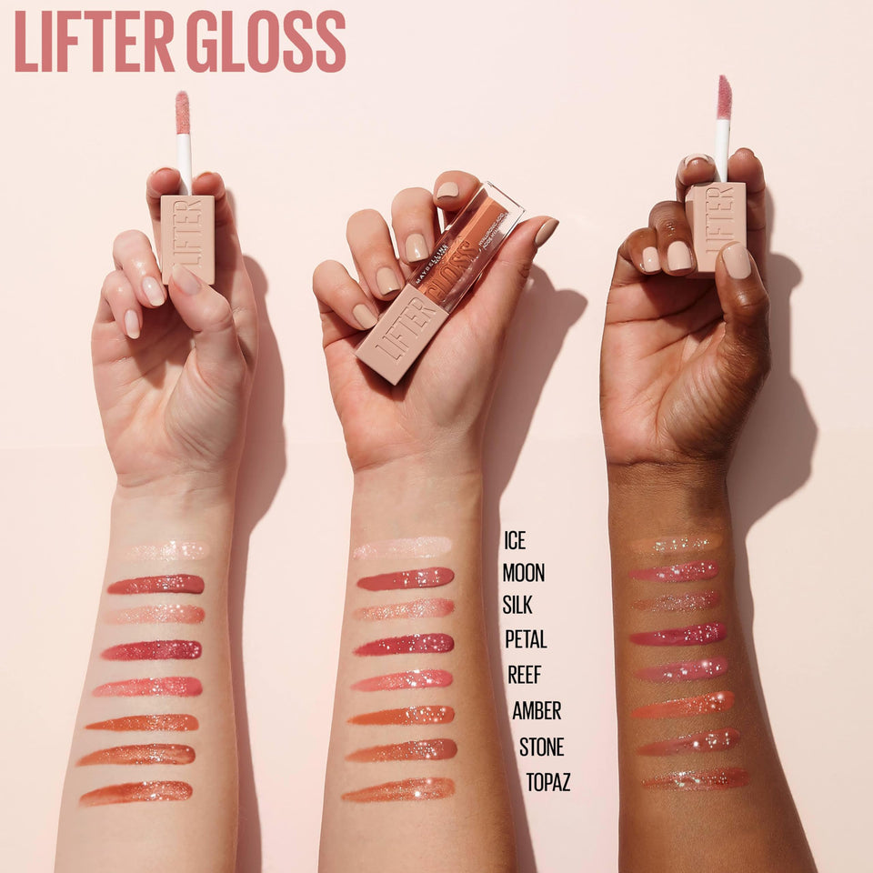Maybelline Lifter Gloss nude lip gloss shown with a wand and multiple glossy shade swatches on different skin tones